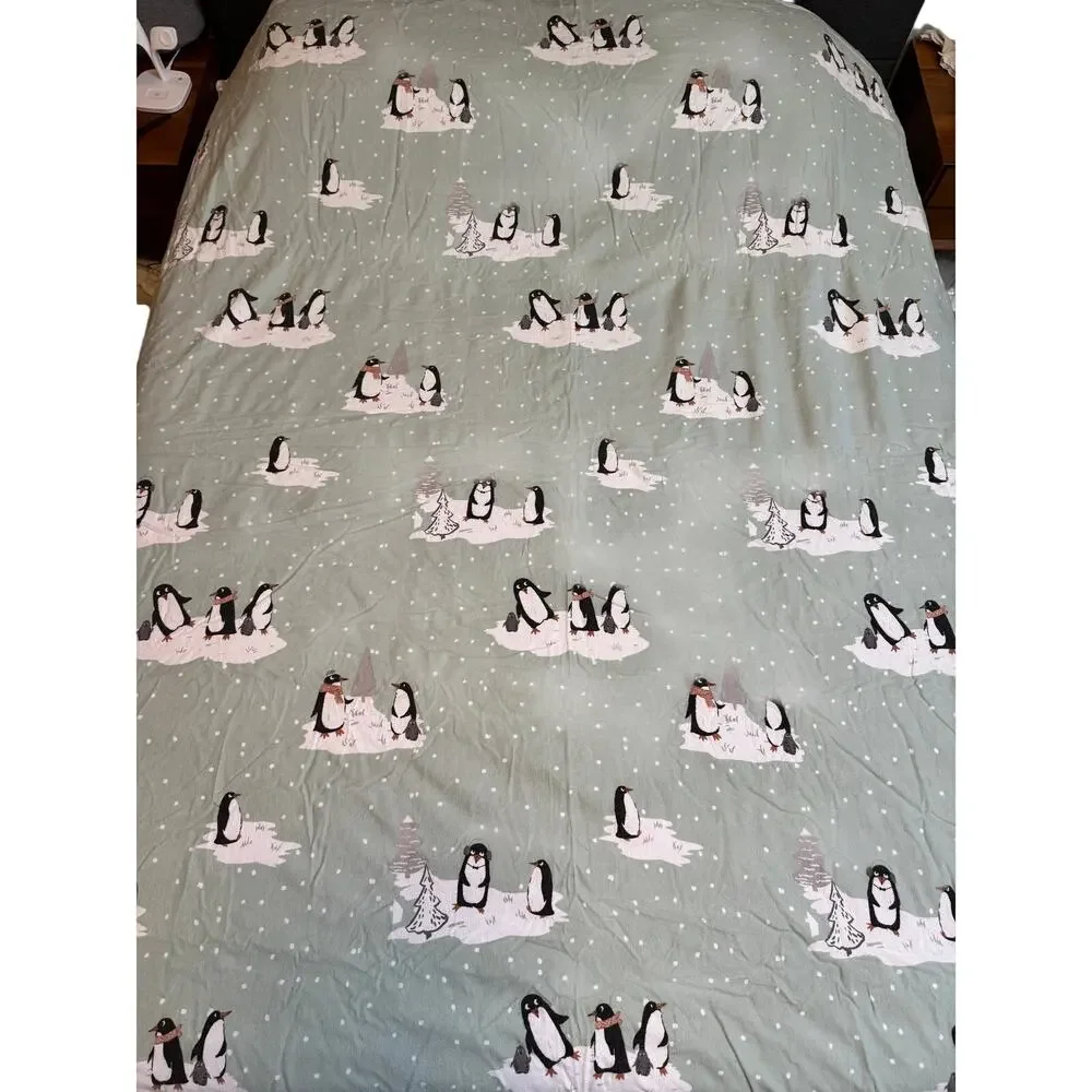 True North Playful Holiday Winter Penguins Mint Green Cotton Flannel Duvet Set